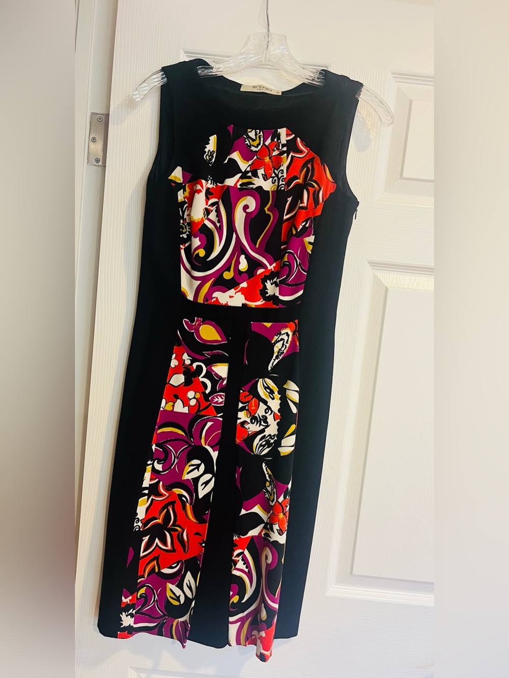 Etro Black Midi Dress with Purple, Red, White and Yellow Paisley Panels